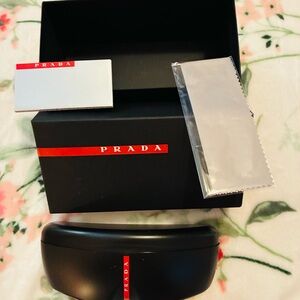Prada Black Sunglasses Case with Red Accents also includes cleaning cloth & Box